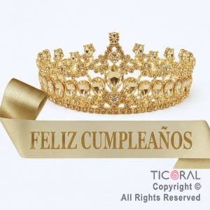 SET VINCHA Y BANDA FELIZ CUMPLEA�OS GEMAS Y STRASS ORO (10549J) X 1